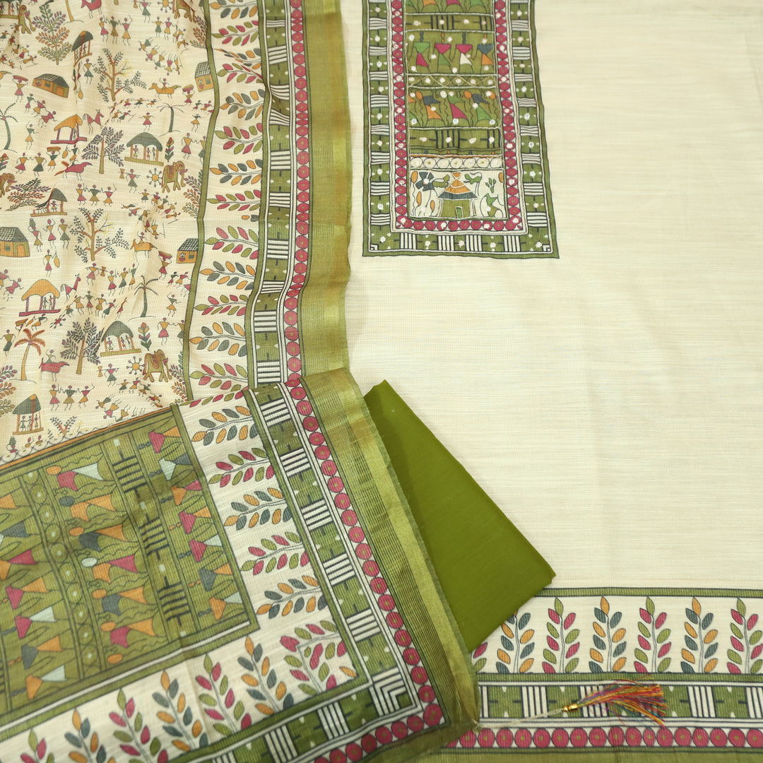 Koyal Beige with Green Madhubani Print Yoke with Patra Shimmer Tissue Linen Set