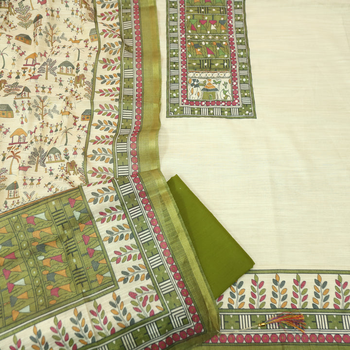 Koyal Beige with Green Madhubani Print Yoke with Patra Shimmer Tissue Linen Set