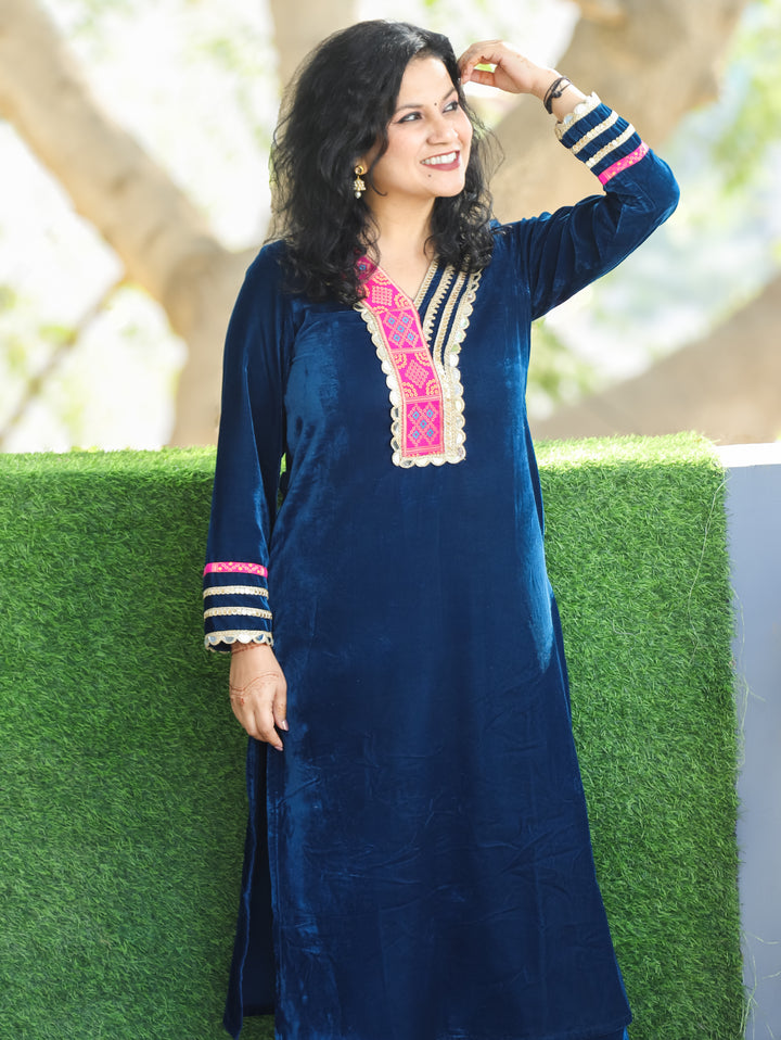 Neha Royal Blue Patch with Mirror Lace V Neckline Velvet Winter Kurti