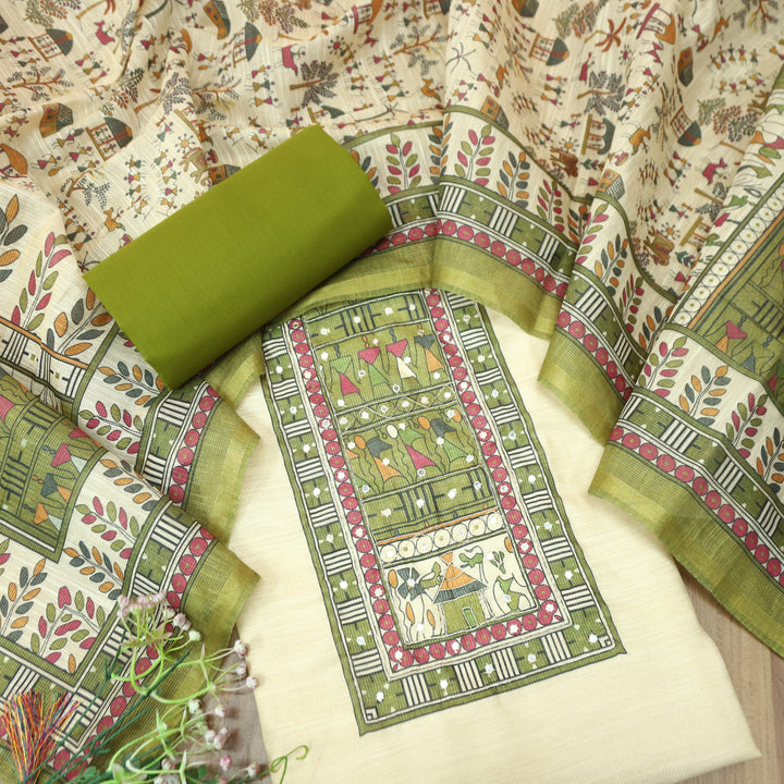 Koyal Beige with Green Madhubani Print Yoke with Patra Shimmer Tissue Linen Set