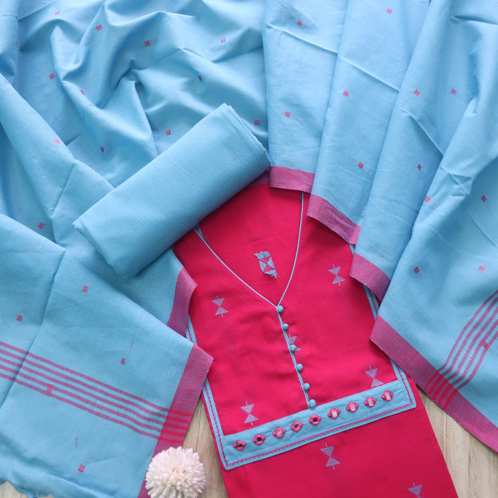 Tejas Rani Pink All Over Thread Weaved Handloom Cotton Suit Set