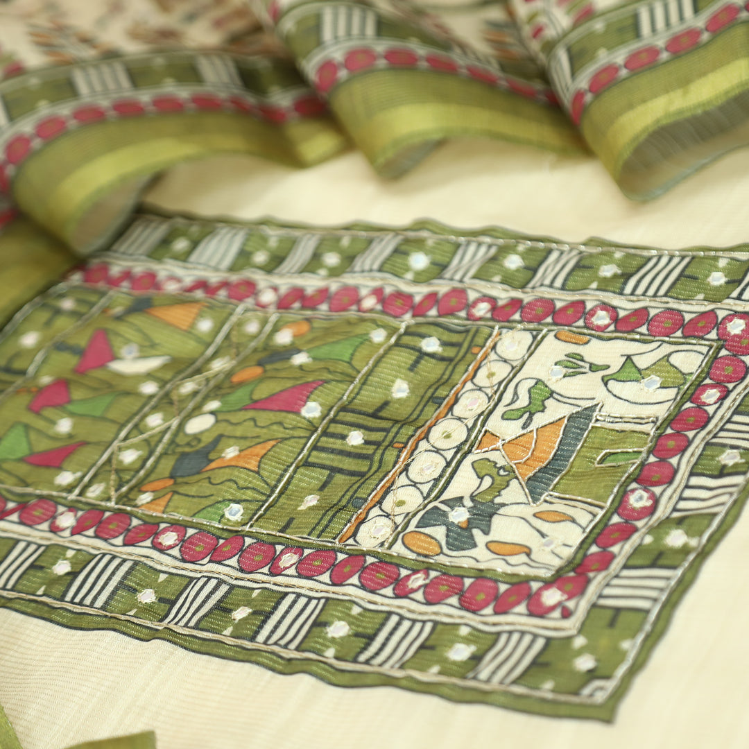 Koyal Beige with Green Madhubani Print Yoke with Patra Shimmer Tissue Linen Set