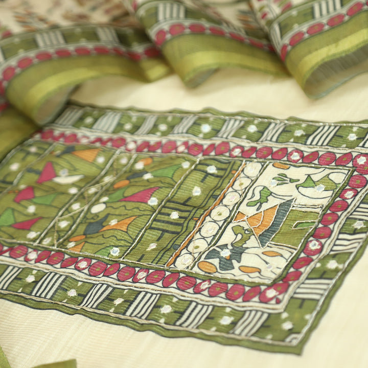 Koyal Beige with Green Madhubani Print Yoke with Patra Shimmer Tissue Linen Set