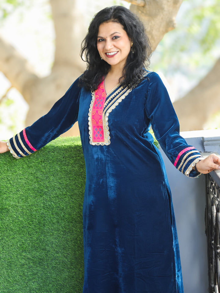Neha Royal Blue Patch with Mirror Lace V Neckline Velvet Winter Kurti