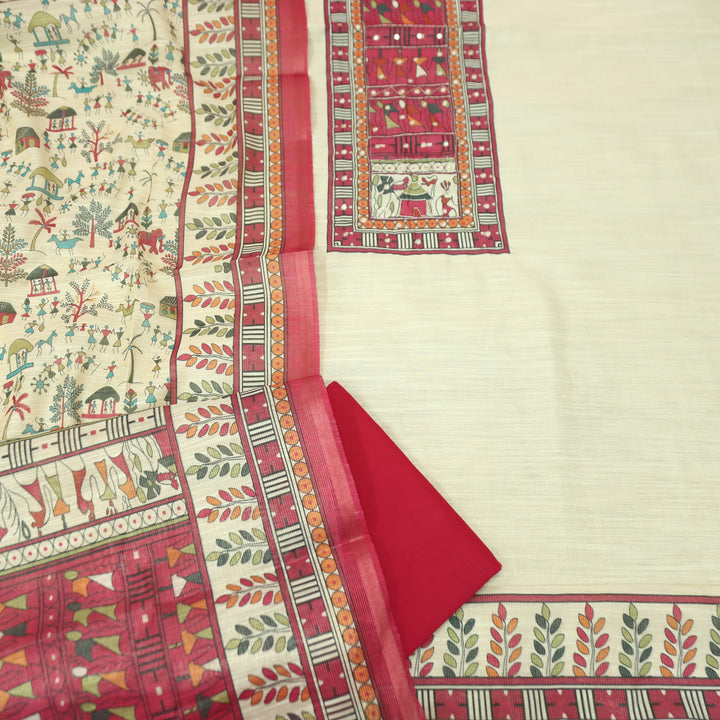Koyal Beige with Pink Madhubani Print Yoke with Patra Shimmer Tissue Linen Set