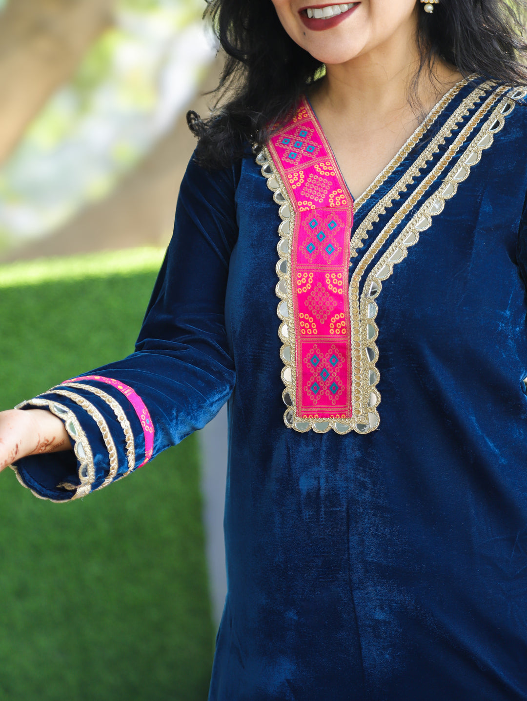 Neha Royal Blue Patch with Mirror Lace V Neckline Velvet Winter Kurti