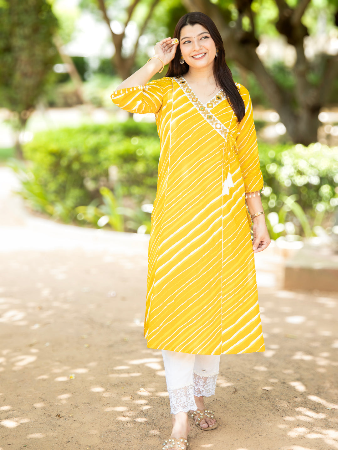 Lehar Sunflower Yellow Panel Style Leheriye Cotton Kurti