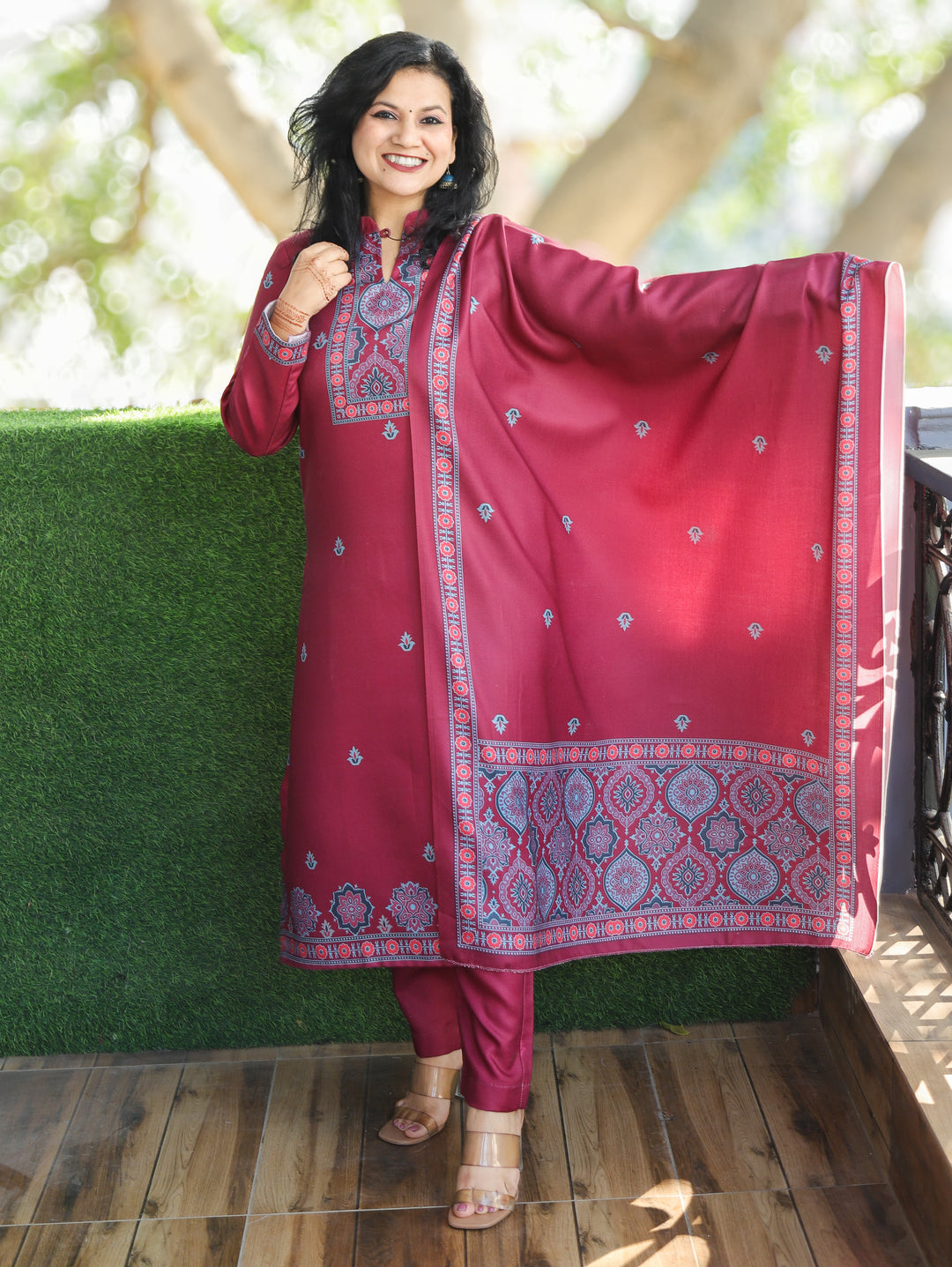 Trisha Wine Purple Ban Collar with Button Ajrak Print Semi Pashmina 3 Piece Set