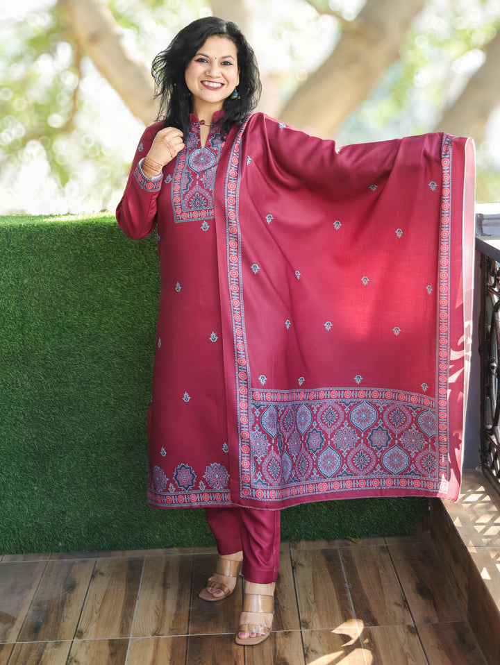 Trisha Wine Purple Ban Collar with Button Ajrak Print Semi Pashmina 3 Piece Set