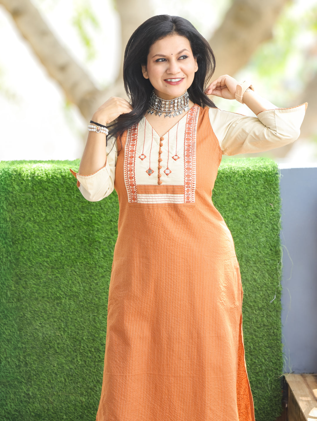 Olivia Tang Orange Mirror Yoke Cotton Kurti
