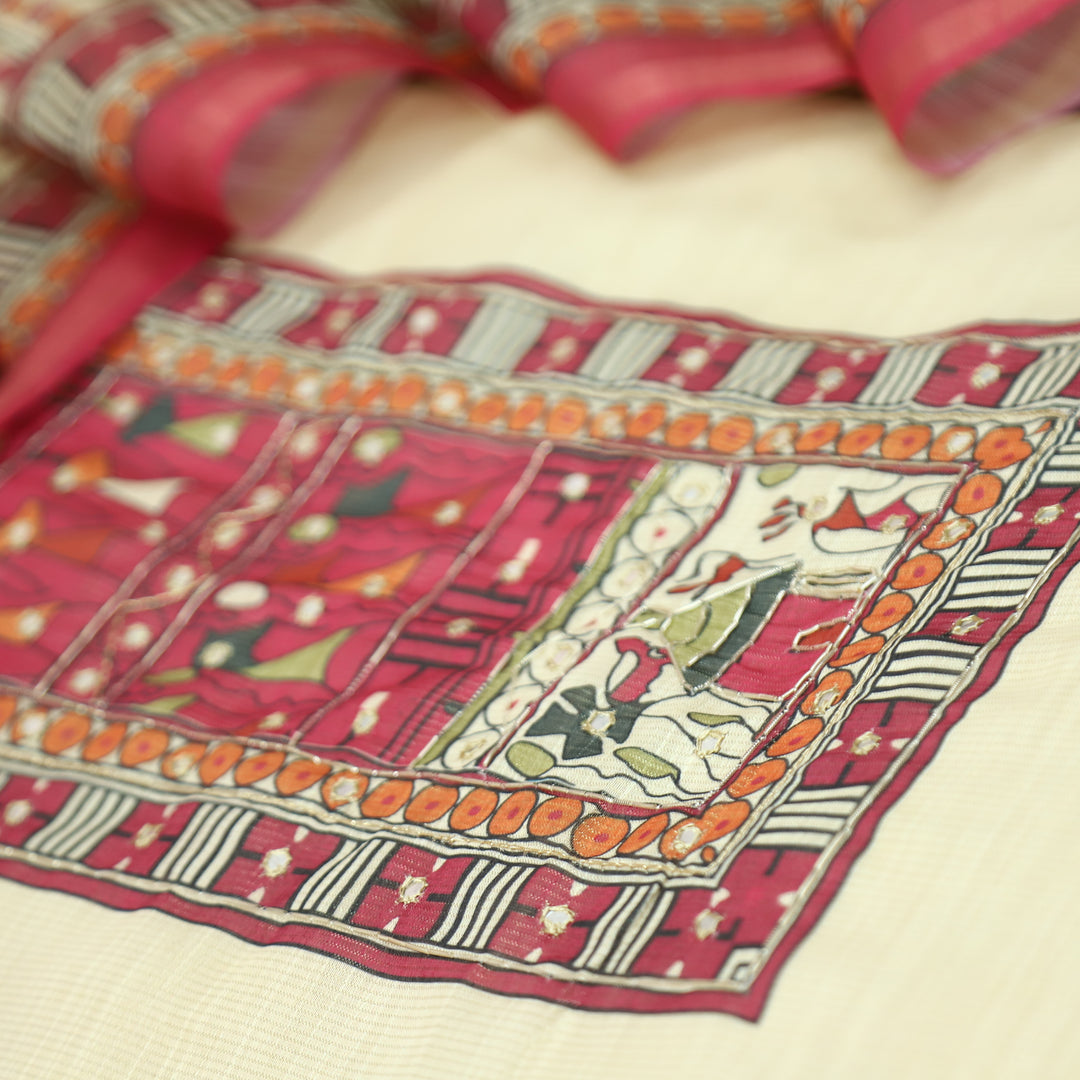 Koyal Beige with Pink Madhubani Print Yoke with Patra Shimmer Tissue Linen Set
