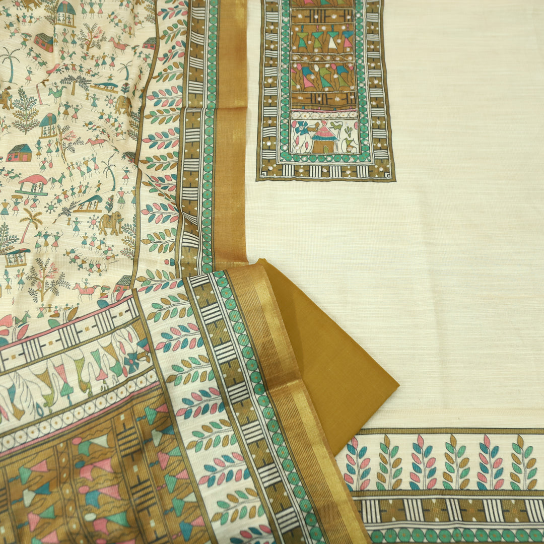 Koyal Beige with Mustard Madhubani Print Yoke with Patra Shimmer Tissue Linen Set