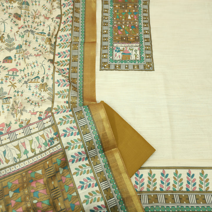 Koyal Beige with Mustard Madhubani Print Yoke with Patra Shimmer Tissue Linen Set