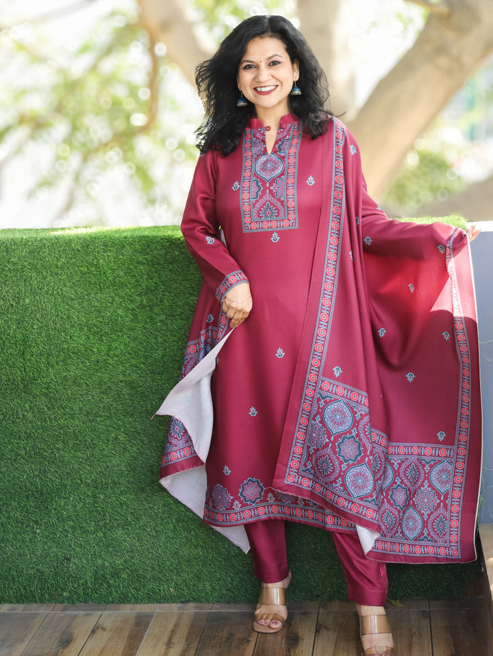 Trisha Wine Purple Ban Collar with Button Ajrak Print Semi Pashmina 3 Piece Set