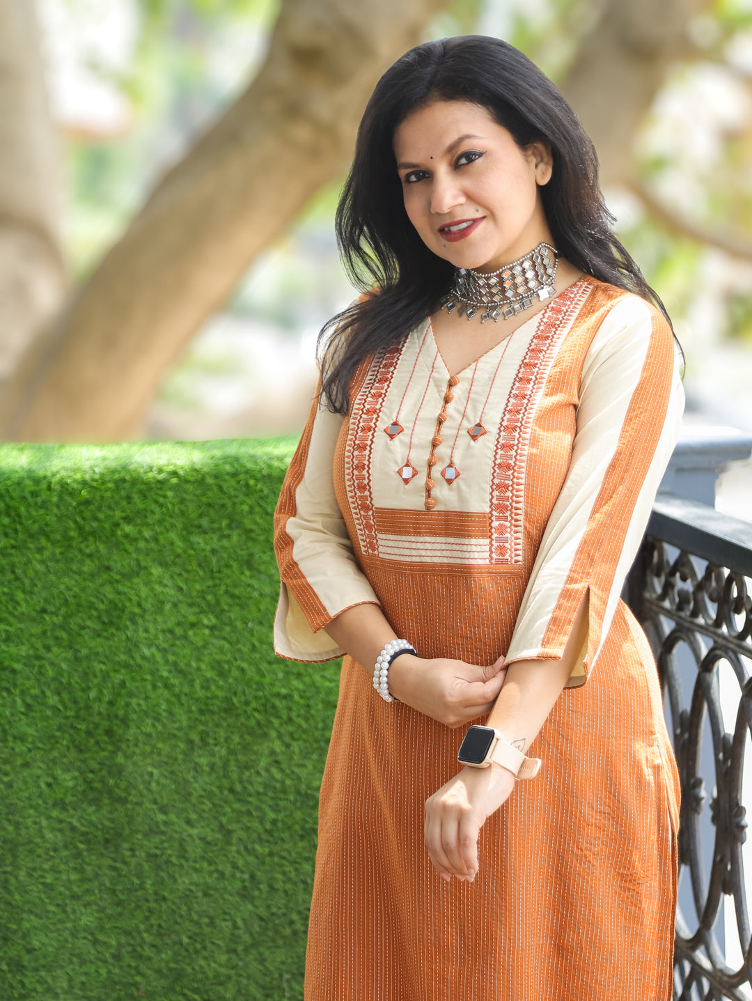 Olivia Tang Orange Mirror Yoke Cotton Kurti