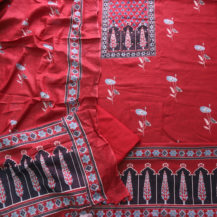 Rivaya Cherry Red French Knot Ajrak Print Yoke in Floral Printed Cotton Suit Set