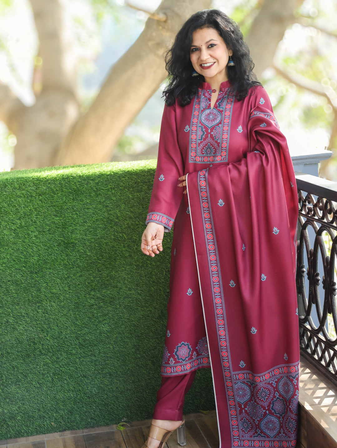 Trisha Wine Purple Ban Collar with Button Ajrak Print Semi Pashmina 3 Piece Set