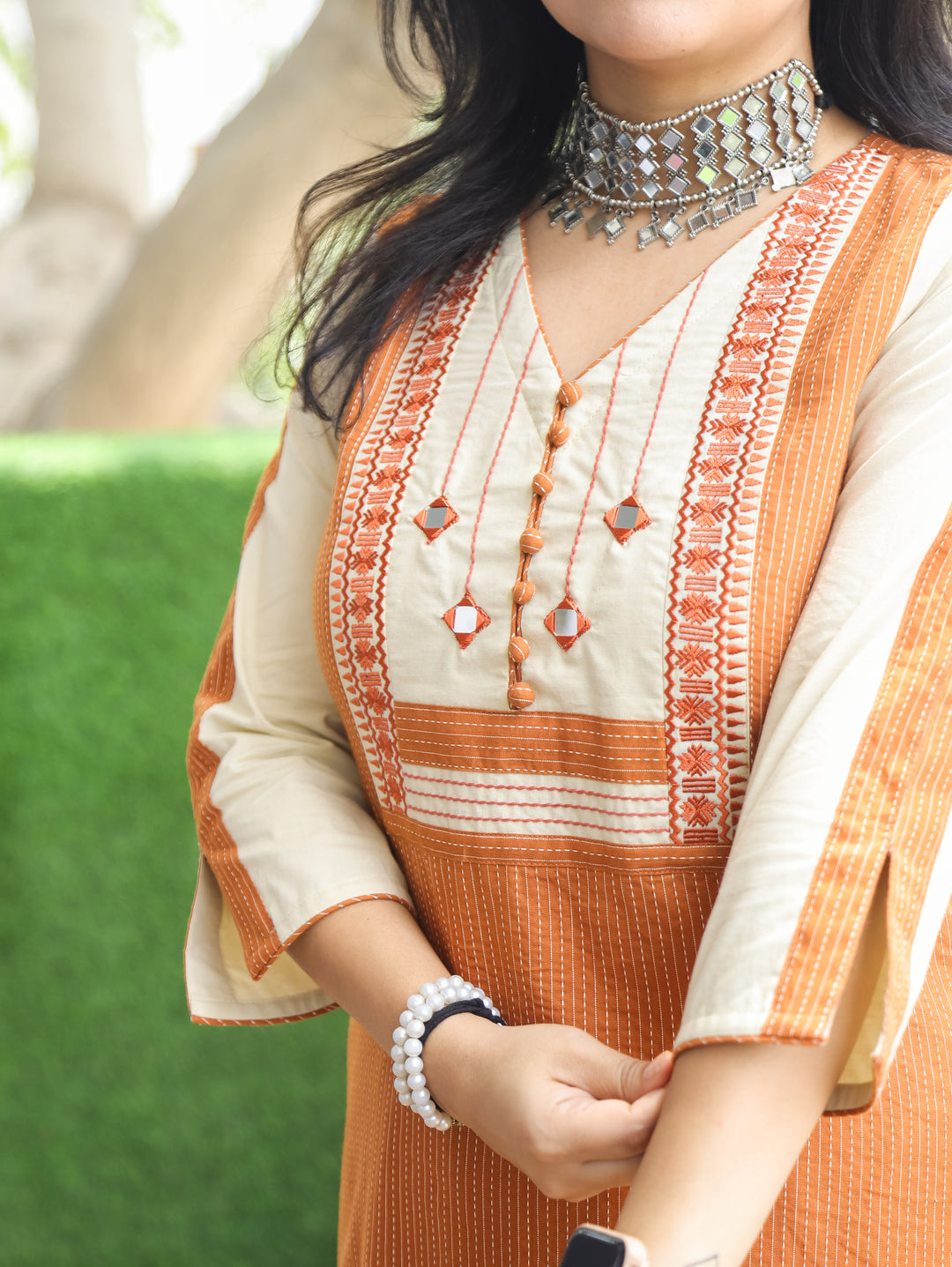 Olivia Tang Orange Mirror Yoke Cotton Kurti