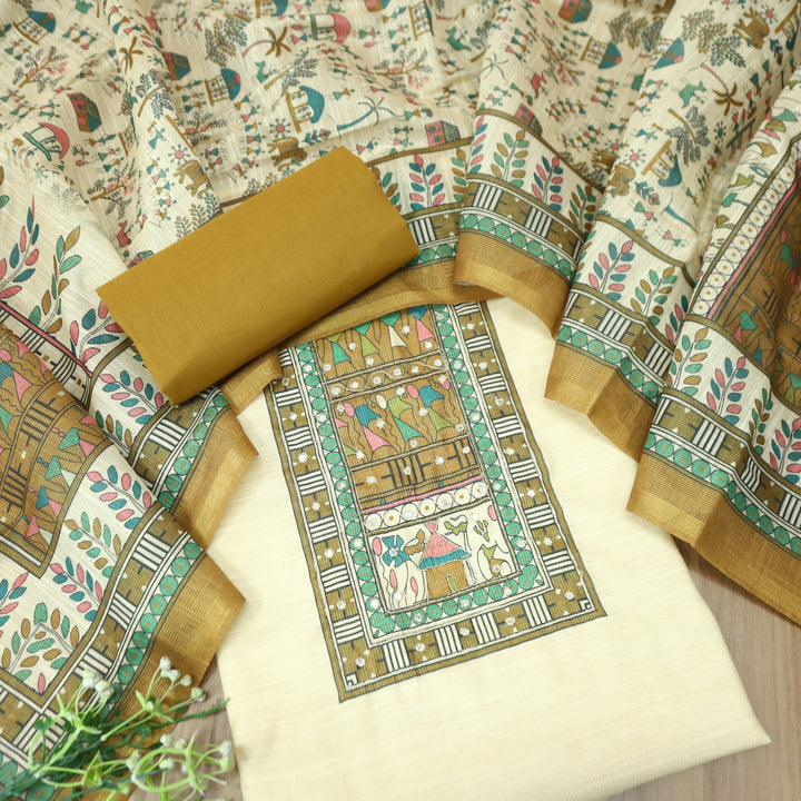 Koyal Beige with Mustard Madhubani Print Yoke with Patra Shimmer Tissue Linen Set
