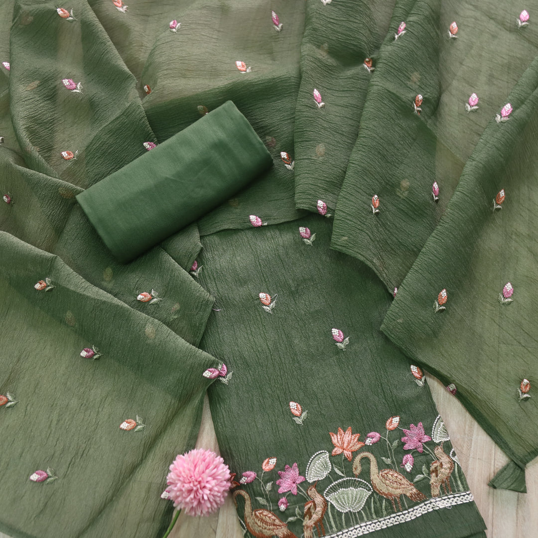 Falak Grass Green Thread Embroidered Hem Crush Tissue Silk Suit Set D1