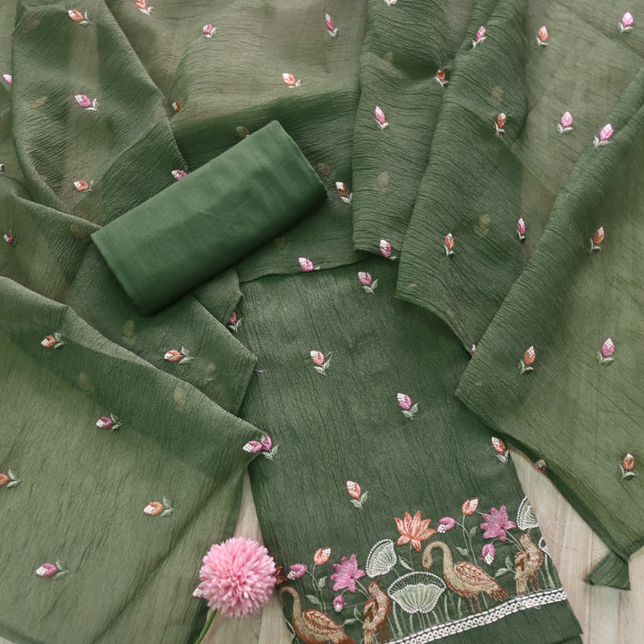 Falak Grass Green Thread Embroidered Hem Crush Tissue Silk Suit Set D1