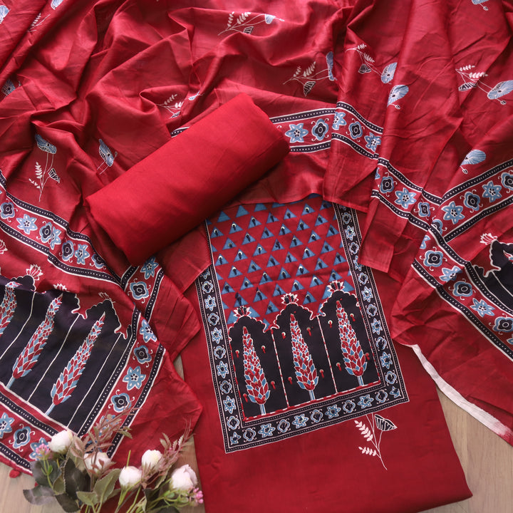 Rivaya Cherry Red French Knot Ajrak Print Yoke in Floral Printed Cotton Suit Set