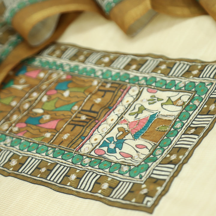 Koyal Beige with Mustard Madhubani Print Yoke with Patra Shimmer Tissue Linen Set