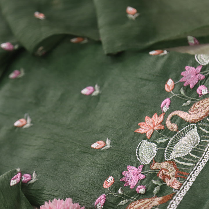 Falak Grass Green Thread Embroidered Hem Crush Tissue Silk Suit Set D1