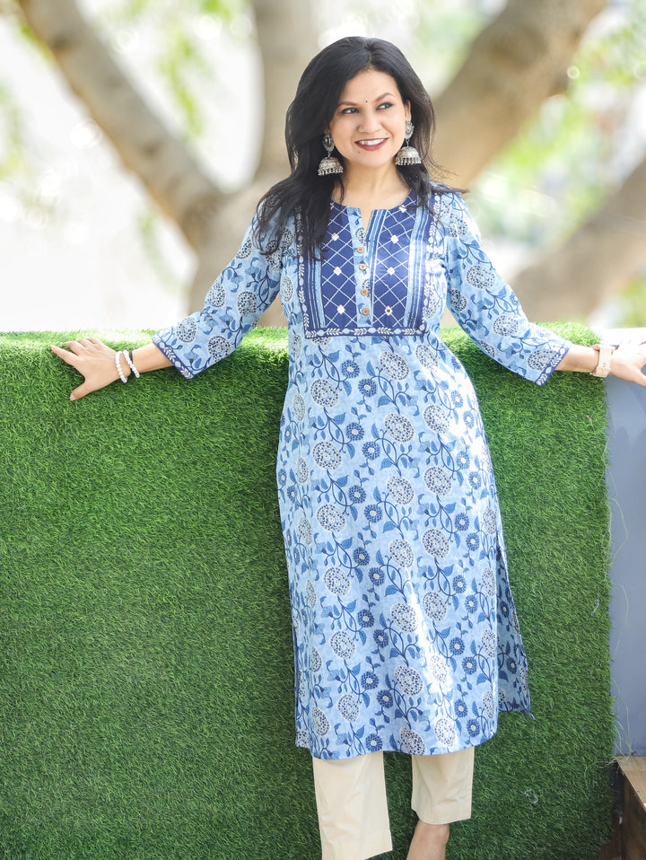 Molly Sky Blue Dabu Printed Cotton Kurti
