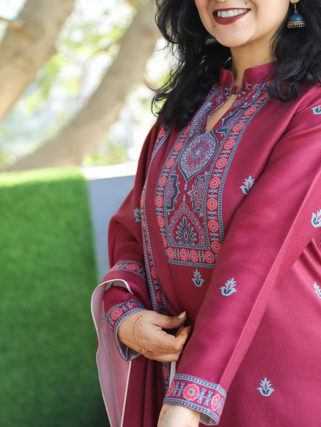 Trisha Wine Purple Ban Collar with Button Ajrak Print Semi Pashmina 3 Piece Set