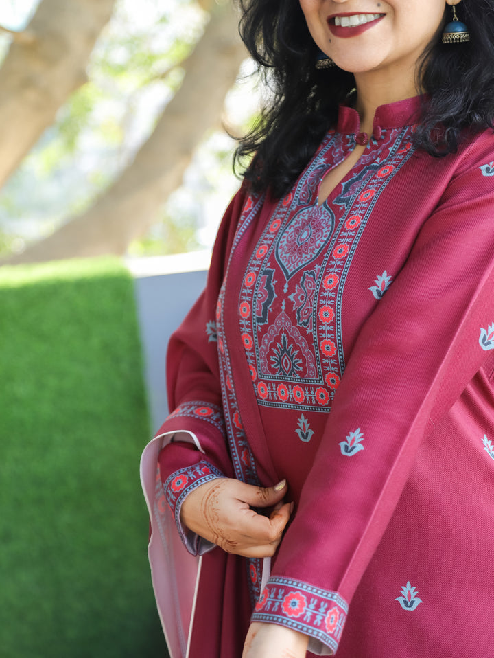 Trisha Wine Purple Ban Collar with Button Ajrak Print Semi Pashmina 3 Piece Set