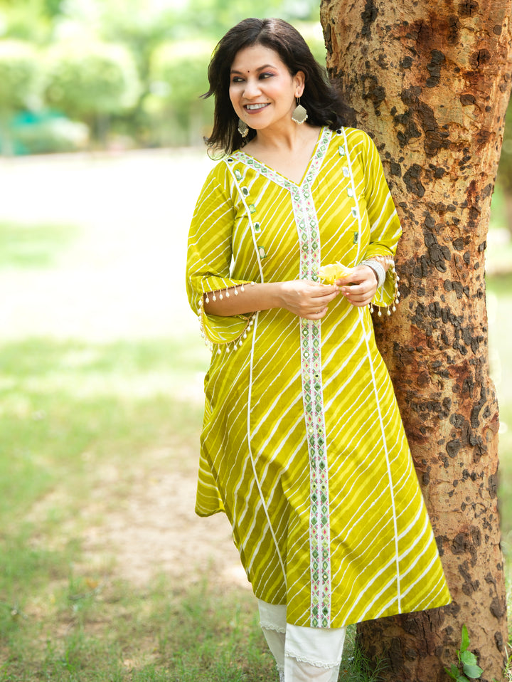 Leher Leaf Green Embroidered Lace Panel Leheriya Cotton Kurti