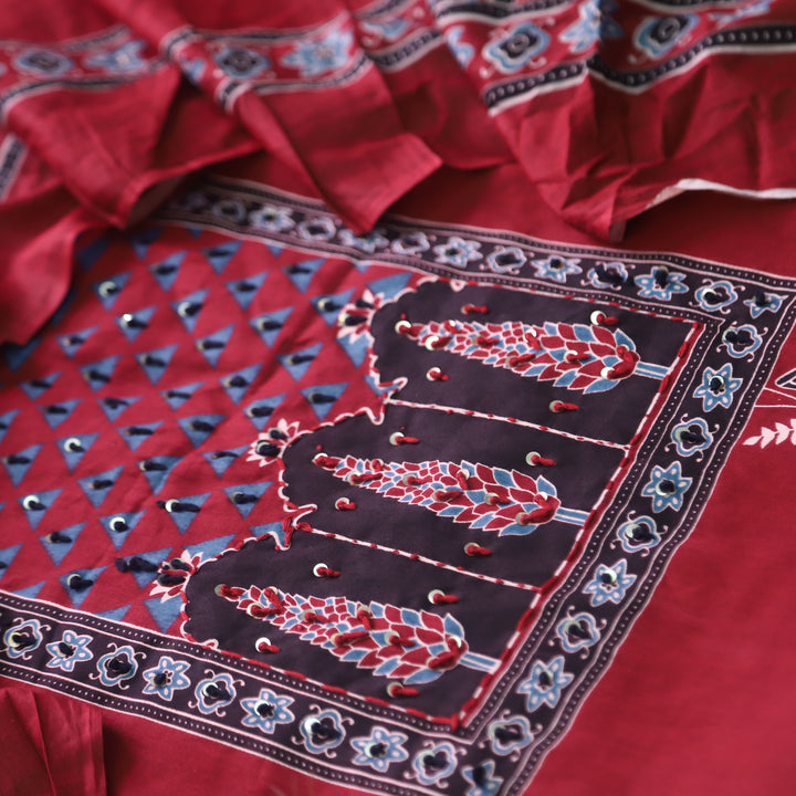 Rivaya Cherry Red French Knot Ajrak Print Yoke in Floral Printed Cotton Suit Set