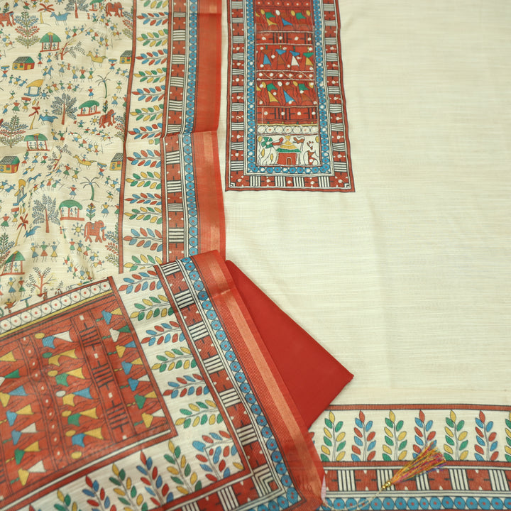Koyal Beige with Rust Madhubani Print Yoke with Patra Shimmer Tissue Linen Set