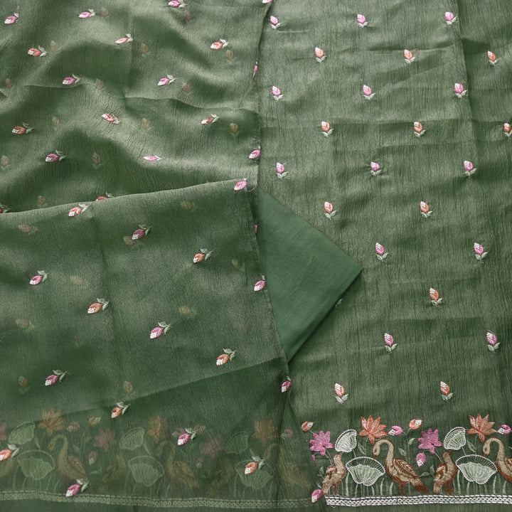 Falak Grass Green Thread Embroidered Hem Crush Tissue Silk Suit Set D1