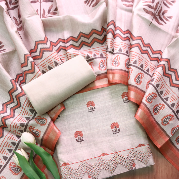 Reetu Tan Beige with Orange Floral Print Thread Work Hem Tussar Chanderi Silk Set