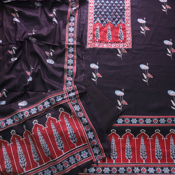 Rivaya Oil Black French Knot Ajrak Print in Floral Printed Cotton Suit Set