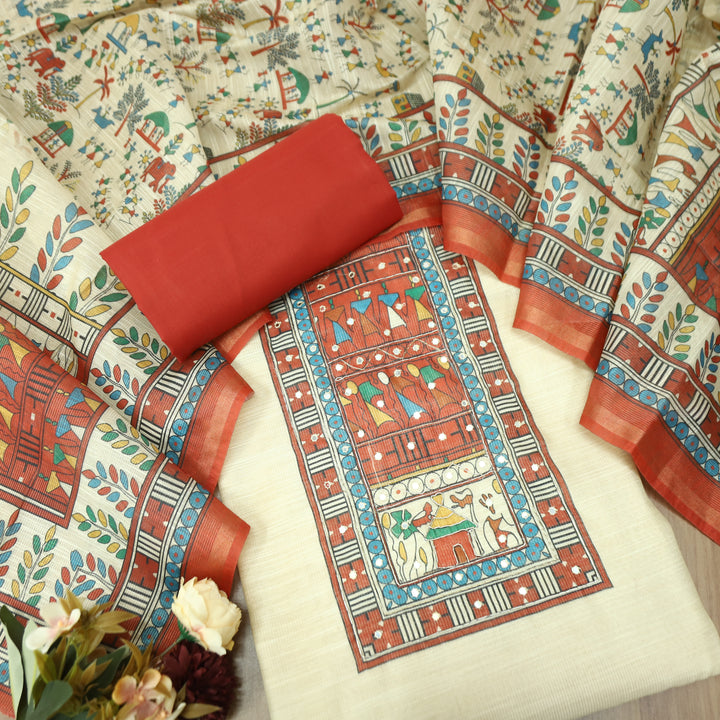 Koyal Beige with Rust Madhubani Print Yoke with Patra Shimmer Tissue Linen Set