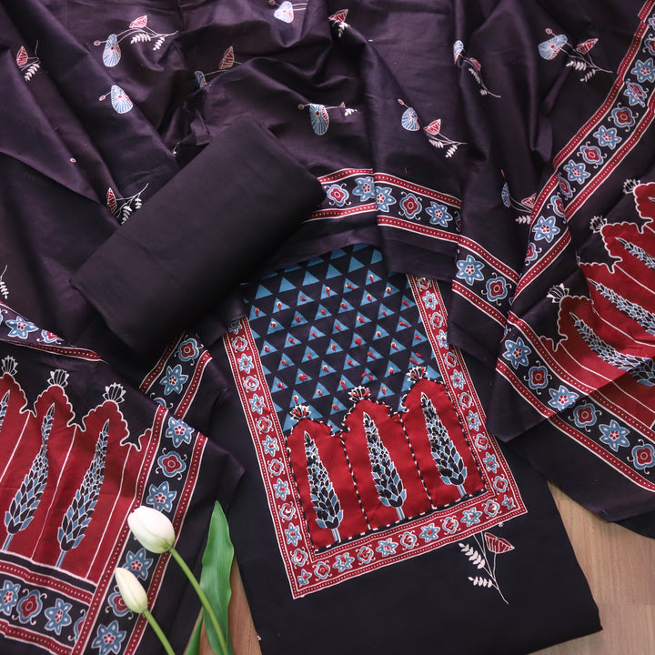 Rivaya Oil Black French Knot Ajrak Print in Floral Printed Cotton Suit Set