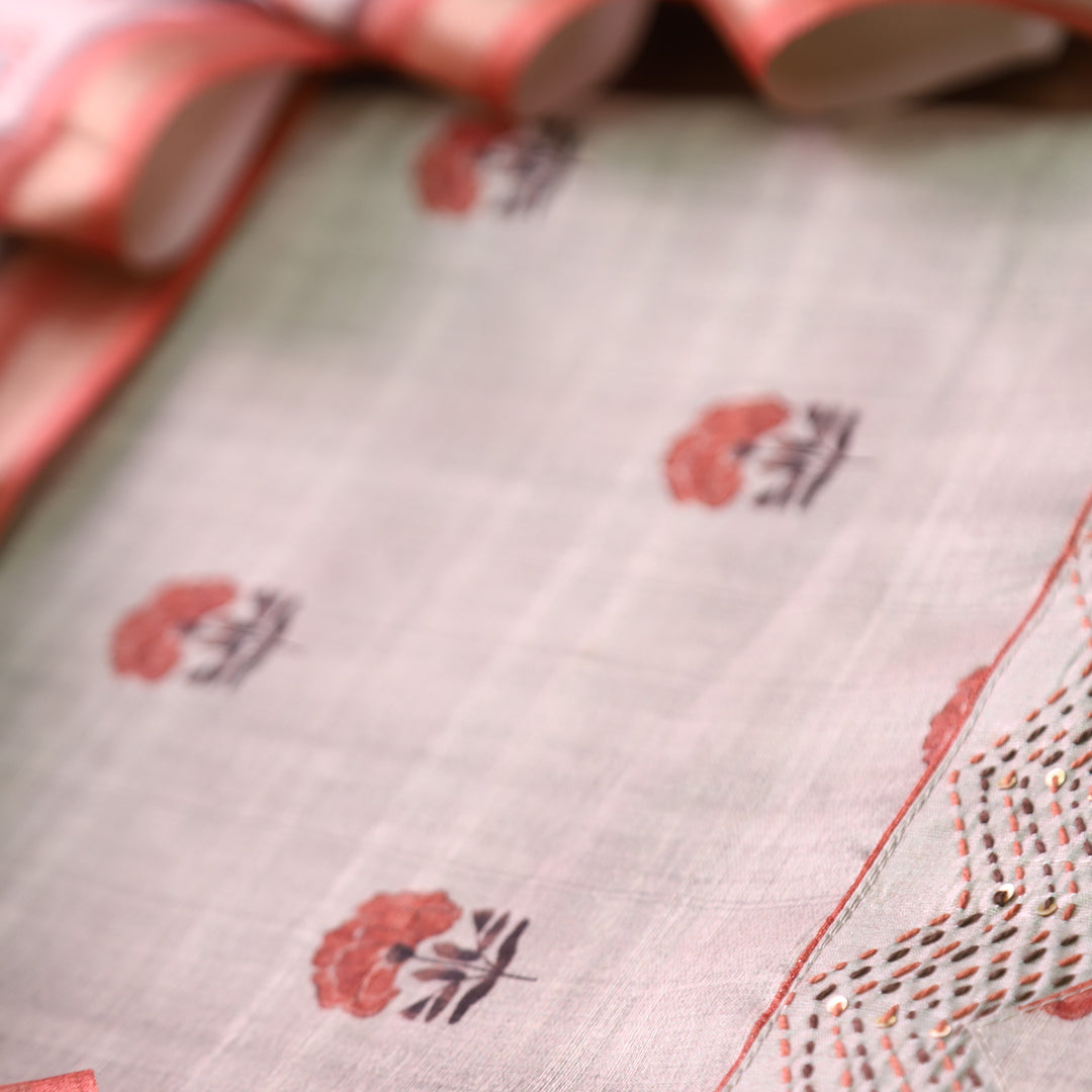 Reetu Tan Beige with Orange Floral Print Thread Work Hem Tussar Chanderi Silk Set