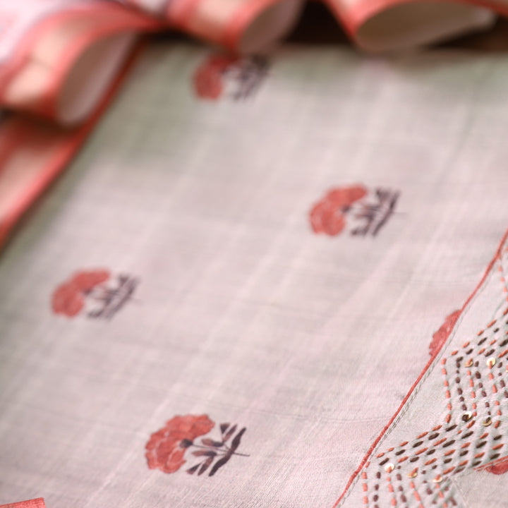 Reetu Tan Beige with Orange Floral Print Thread Work Hem Tussar Chanderi Silk Set