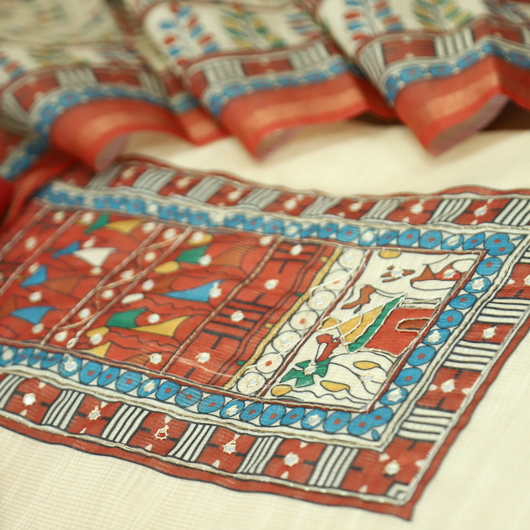 Koyal Beige with Rust Madhubani Print Yoke with Patra Shimmer Tissue Linen Set