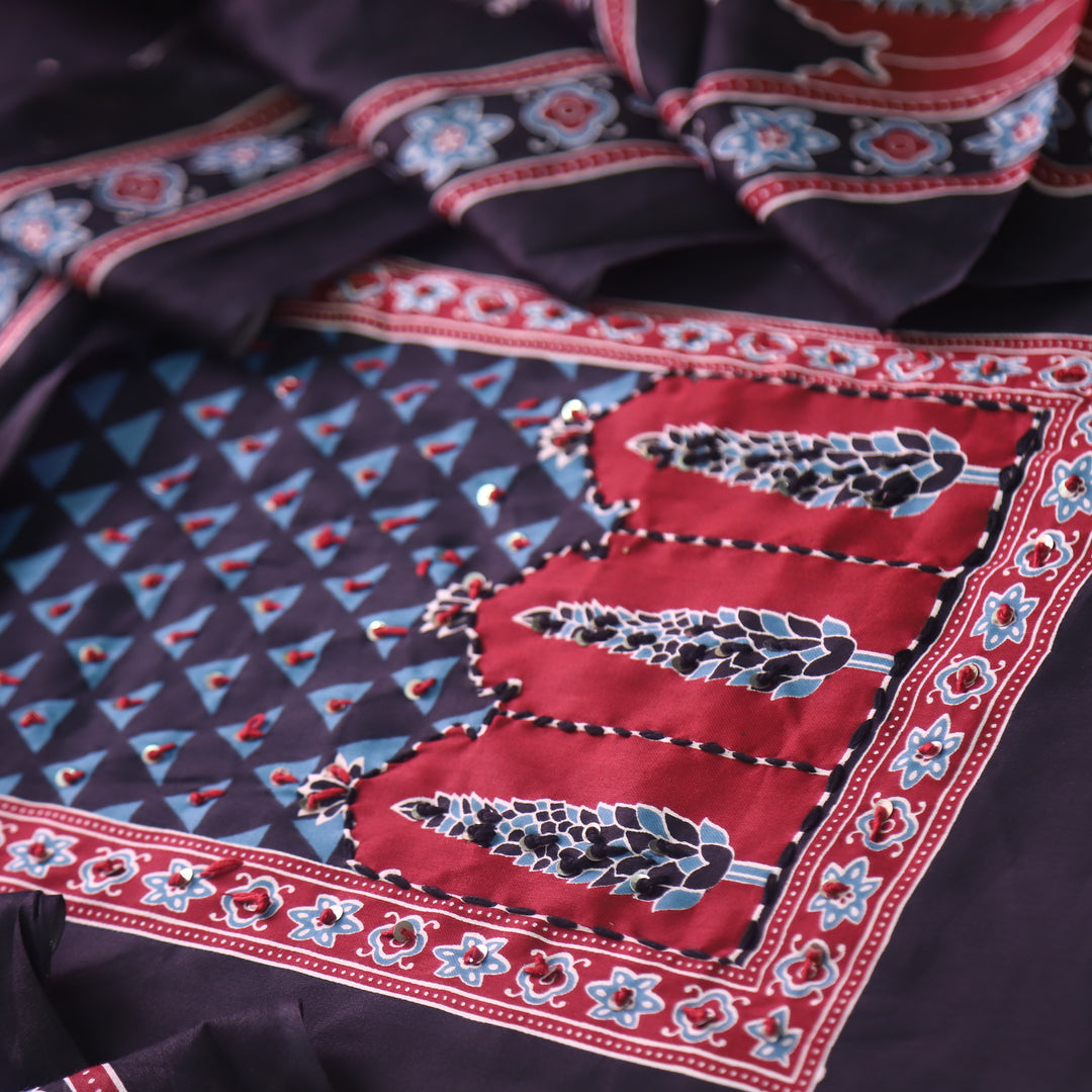 Rivaya Oil Black French Knot Ajrak Print in Floral Printed Cotton Suit Set