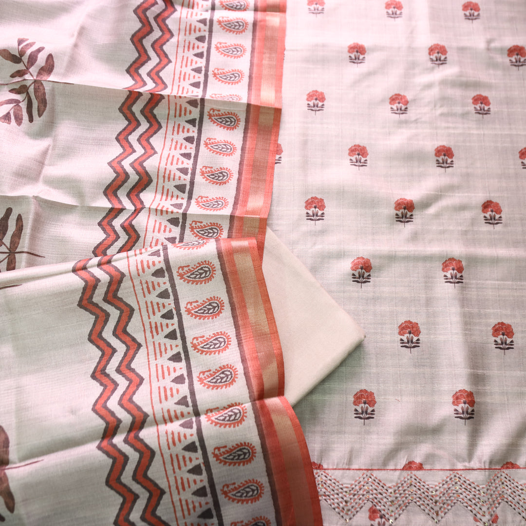Reetu Tan Beige with Orange Floral Print Thread Work Hem Tussar Chanderi Silk Set