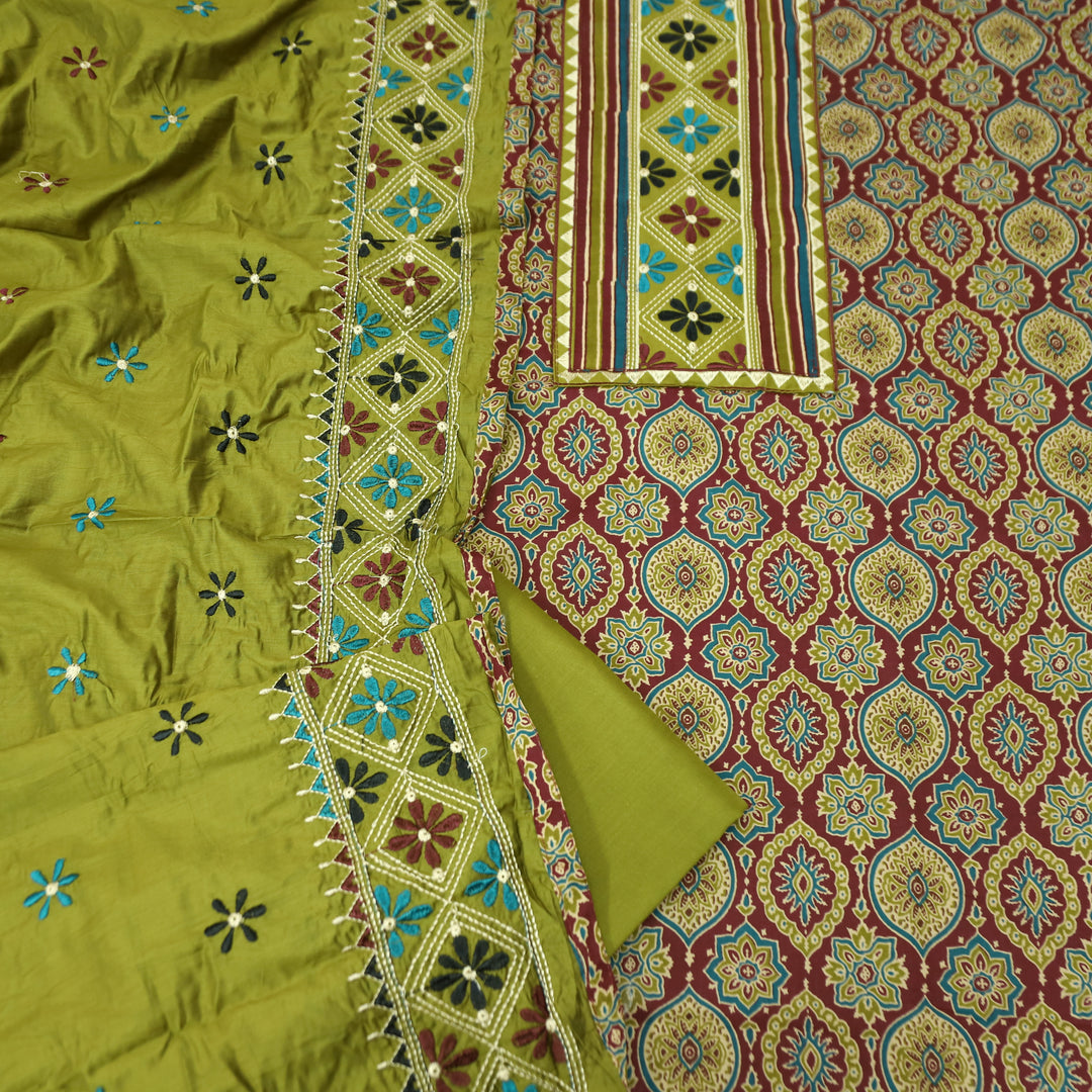 Banjaari Parrot Green Thread Embroidered Yoke on Ajrak Printed Cotton Suit Set