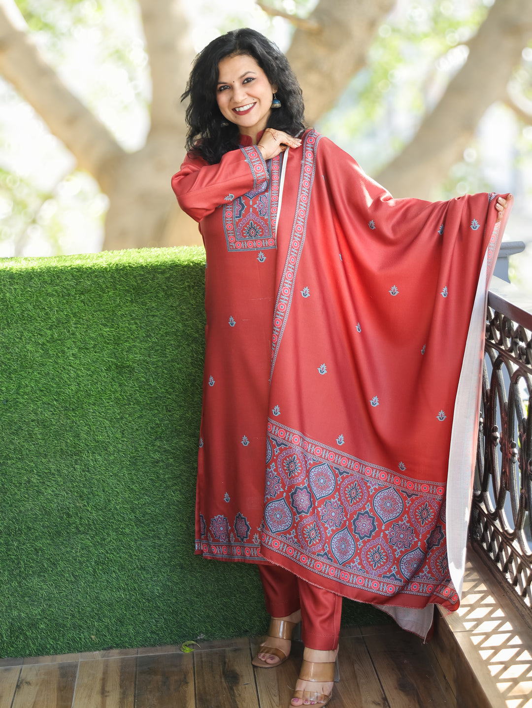 Trisha Coral Rust Ban Collar with Button Ajrak Print Semi Pashmina 3 Piece Set