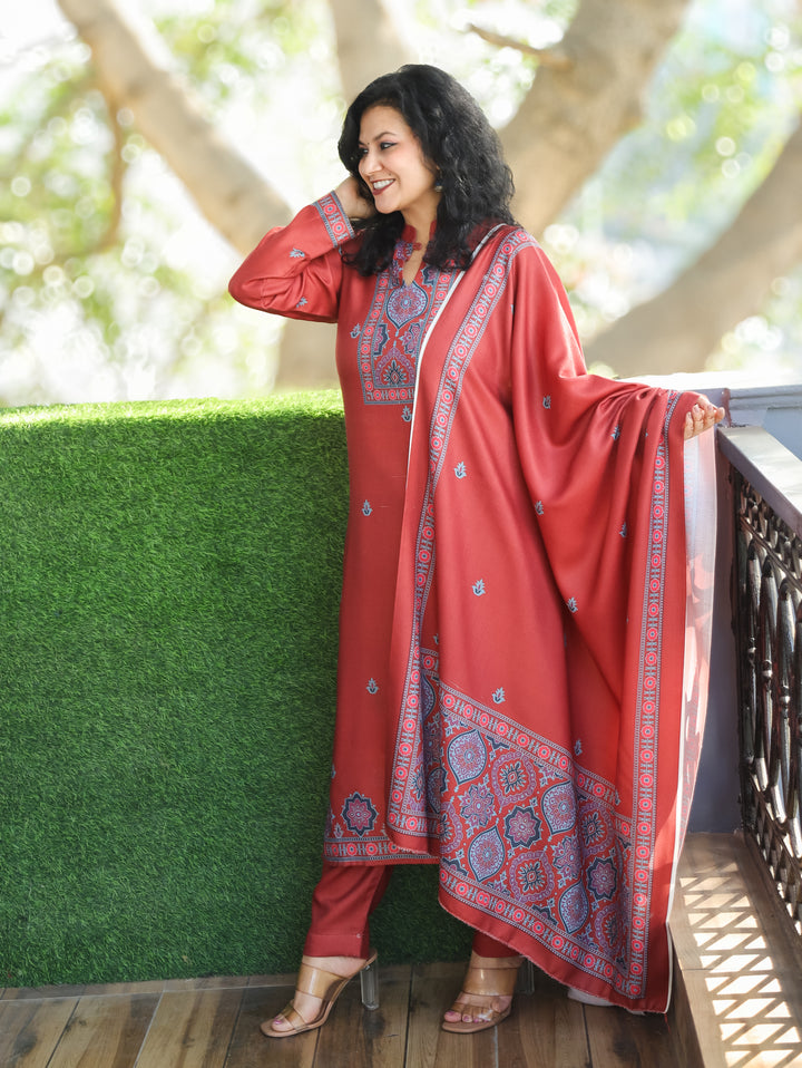 Trisha Coral Rust Ban Collar with Button Ajrak Print Semi Pashmina 3 Piece Set