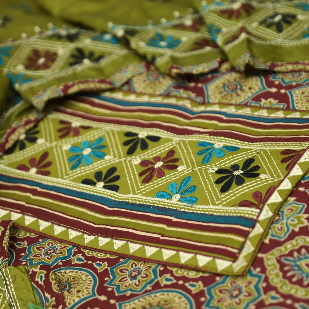 Banjaari Parrot Green Thread Embroidered Yoke on Ajrak Printed Cotton Suit Set