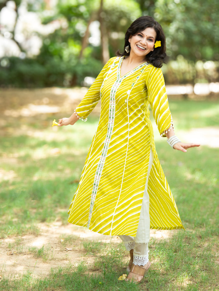 Leher Leaf Green Embroidered Lace Panel Leheriya Cotton Kurti