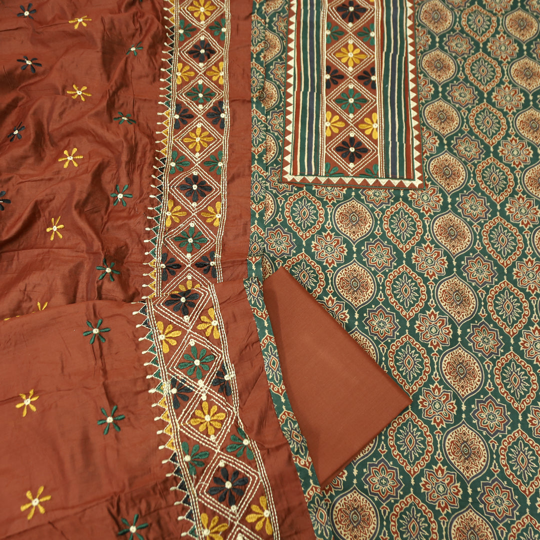 Banjaari Sacramento Green  Thread Embroidered Yoke on Ajrak Printed Cotton Suit Set